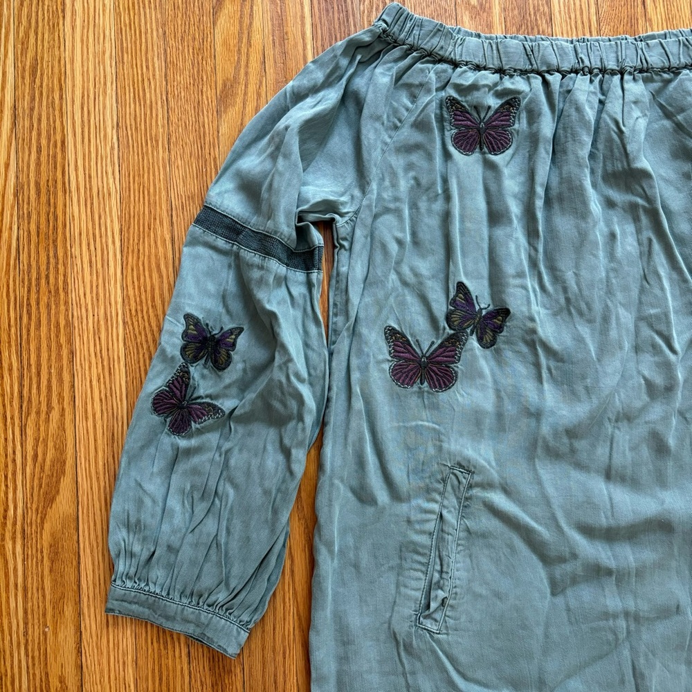NWOT Butterfly Embroidered Off-the-Shoulder Chambray Dress